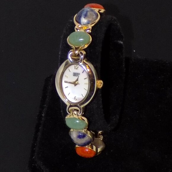 Vintage Gruen II Women's Carved Semi-Precious Stone Scarab Mother-of-Pearl Watch - Picture 1 of 8
